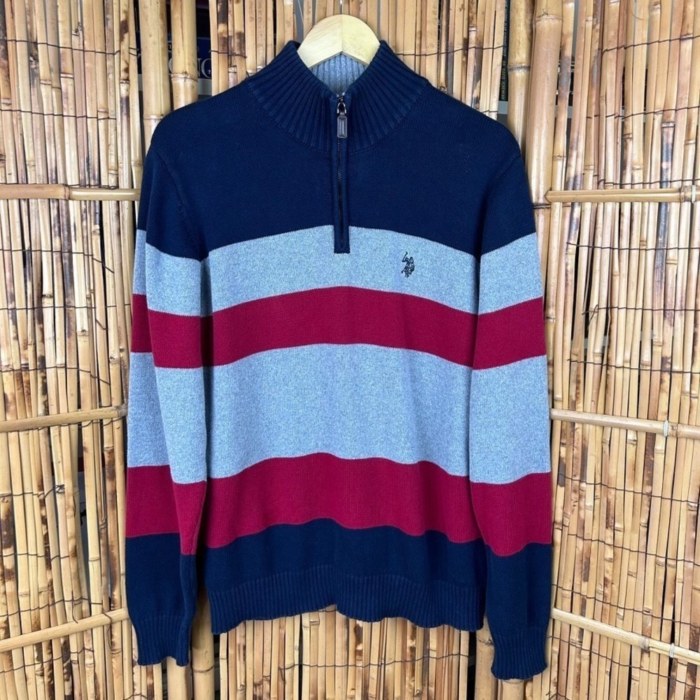 US Polo Assn Mens Large 1/4 Zip LS Sweater Navy Red Gray Stripe Preppy‎ Rugby